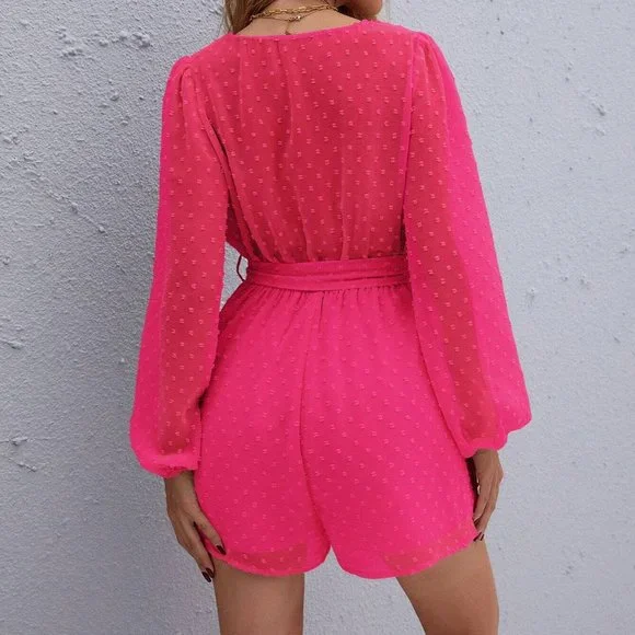 Pink Boho Womens Surplice Neck Lantern Sleeve Belted Swiss Dot Chiffon … - Picture 2 of 5